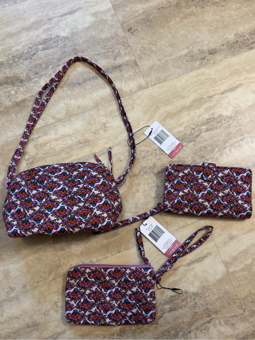 3pc Vera Bradley Purple Floral Crossbody with Matching Wristlet & Wallet NWT